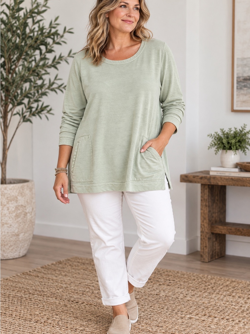Pure Jill J.Jill 2X Organic Cotton Tunic Top Sage Green Pockets